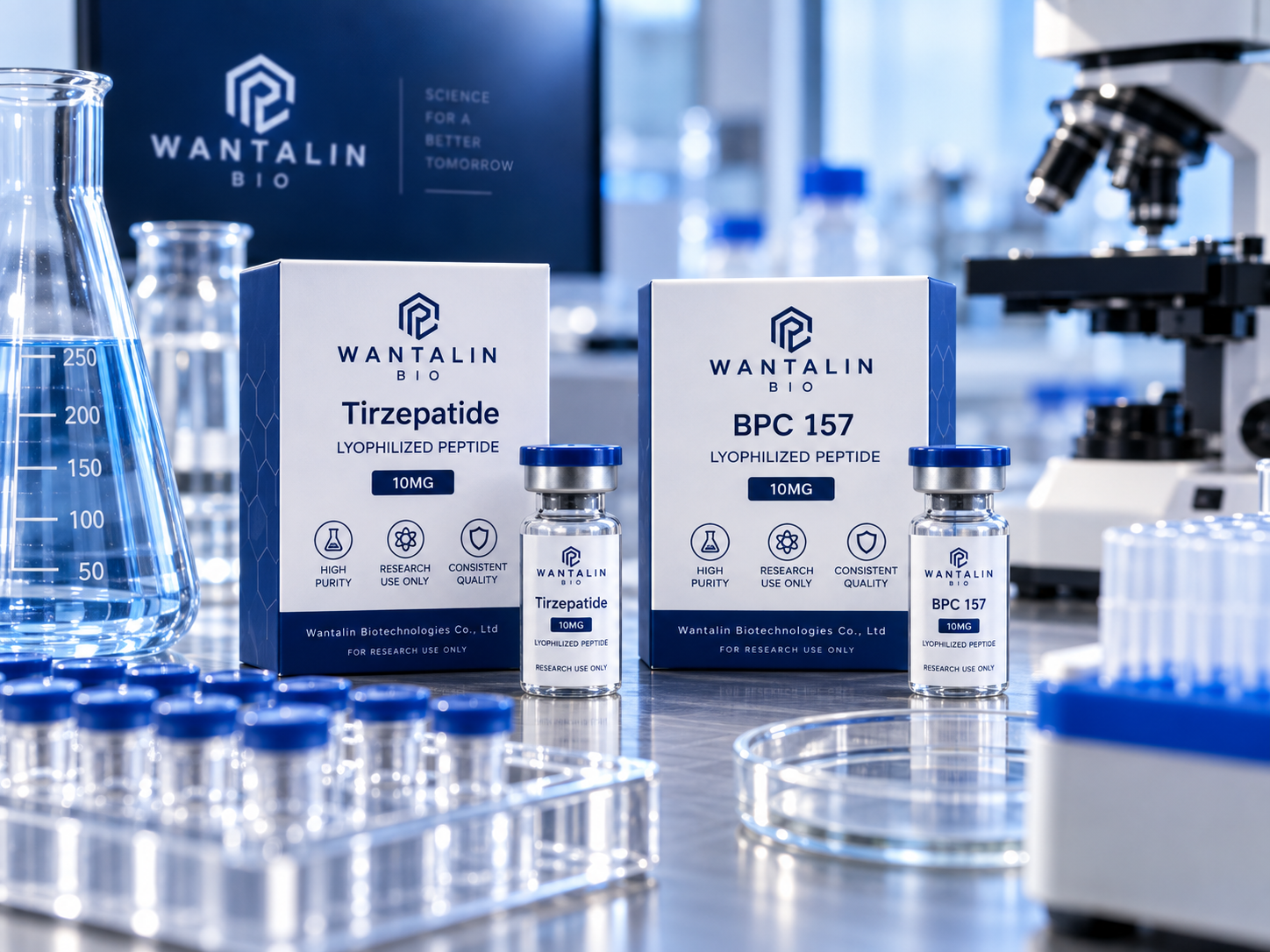 Wantalin product boxes and vials in modern laboratory